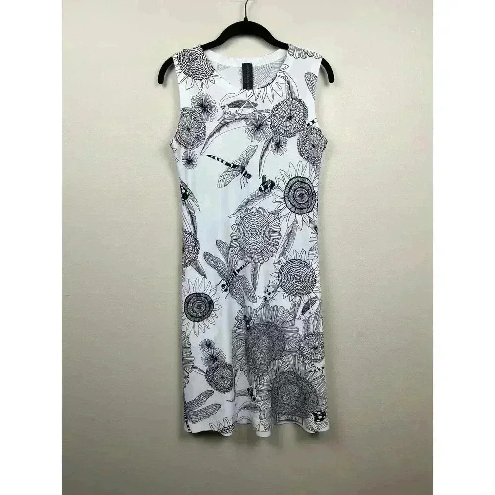 Norma Kamali Black and White Dragonfly & Flower Print Sleeveless Dress - size XS